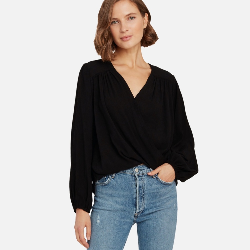 Free People “ Check it” Black Wrap-Front Long Sleeve Blouse
